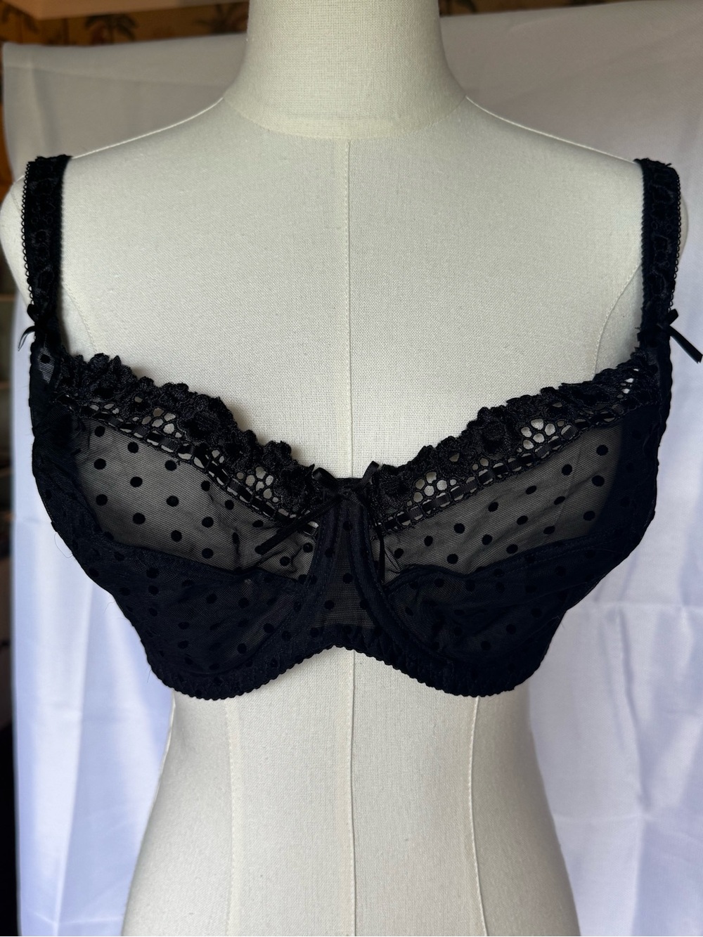 Black Sheer Polka Dot Lace Underwire Bra